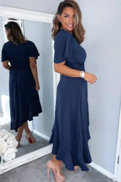 Navy Wrap Over Top Frill Hem Midi Dress