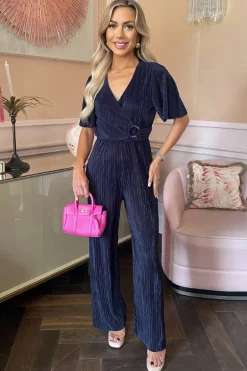 Navy Wrap Top Short Sleeve Plisse Jumpsuit