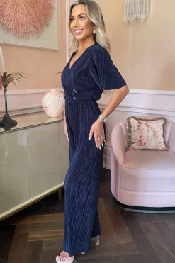 Navy Wrap Top Short Sleeve Plisse Jumpsuit