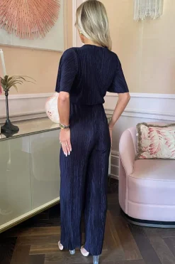 Navy Wrap Top Short Sleeve Plisse Jumpsuit