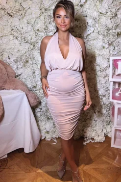 Nude Halter Tie Neck Ruched Midi Bodycon Dress