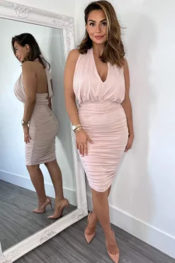 Nude Halter Tie Neck Ruched Midi Bodycon Dress