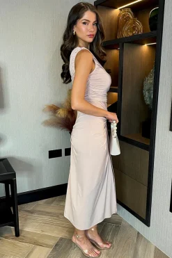 Nude One Shoulder Knot Skirt Midi Dress