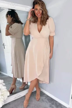 Nude Wrap Side Tie Midi Dress