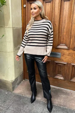 Oatmeal And Black Striped Block Hem Jumper