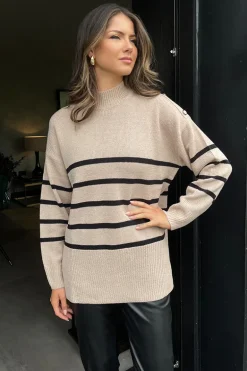 Oatmeal and Black Striped Button Detail Shoulder Knit Jumper