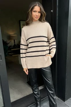 Oatmeal and Black Striped Button Detail Shoulder Knit Jumper
