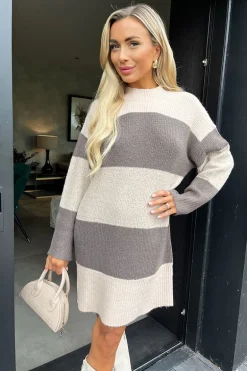 Oatmeal And Brown Striped Knitted Dress