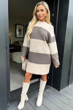 Oatmeal And Brown Striped Knitted Dress