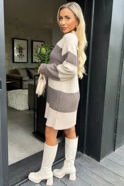 Oatmeal And Brown Striped Knitted Dress