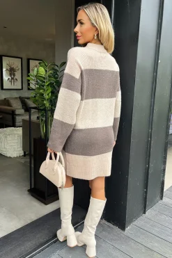 Oatmeal And Brown Striped Knitted Dress