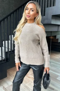 Oatmeal Cut Out Shoulder Chain Detail Knit Jumper