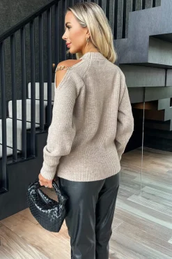 Oatmeal Cut Out Shoulder Chain Detail Knit Jumper