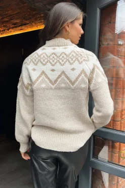 Oatmeal Fairisle Mock Neck Knitted Jumper