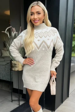 Oatmeal Fairisle Mock Neck Knitted Dress