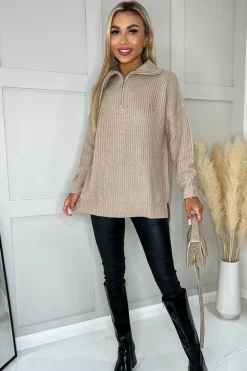Oatmeal Half Zip Knitted Jumper
