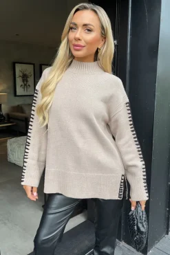 Oatmeal Mock Neck Blanket Stitch Detail Knit Jumper
