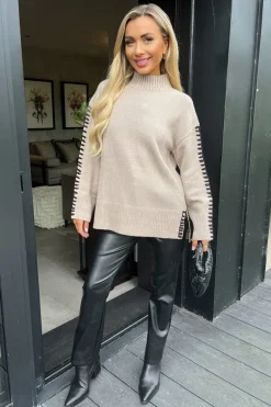 Oatmeal Mock Neck Blanket Stitch Detail Knit Jumper