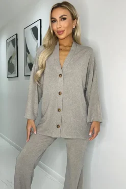 Oatmeal Ribbed Knit Button Front Lounge Cardigan