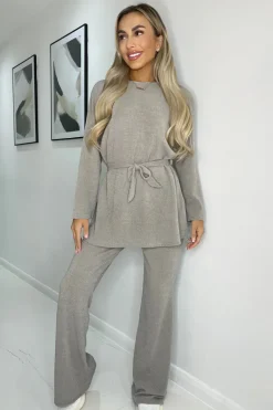 Oatmeal Ribbed Knit Flared Lounge Trousers