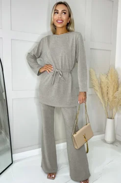 Oatmeal Ribbed Knit Flared Lounge Trousers