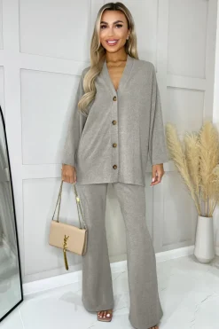 Oatmeal Ribbed Knit Flared Lounge Trousers