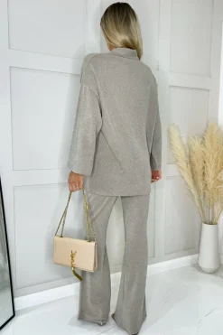 Oatmeal Ribbed Knit Flared Lounge Trousers