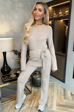 Oatmeal Ribbed Tie Waist Flared Leg Co-ord