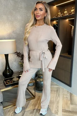 Oatmeal Ribbed Tie Waist Flared Leg Co-ord