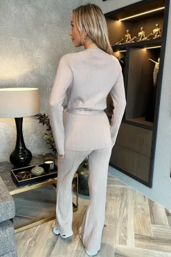 Oatmeal Ribbed Tie Waist Flared Leg Co-ord