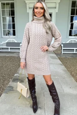 Oatmeal Roll Neck Cable Knit Dress