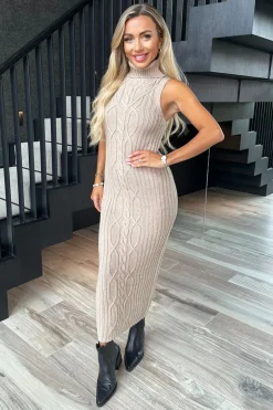 Oatmeal Roll Neck Sleeveless Cable and Ribbed Knit Midi Dress