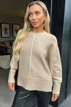Oatmeal Round Neck Contrast Piping Detail Jumper