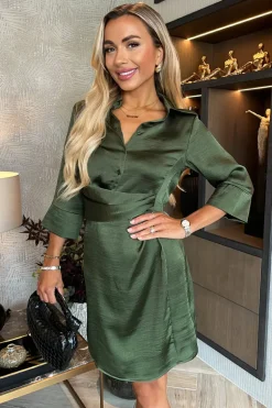 Olive 3/4 Sleeved Gathered Waist Detail Satin Mini Dress