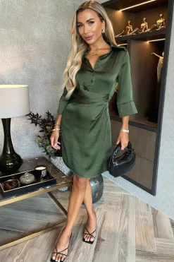 Olive 3/4 Sleeved Gathered Waist Detail Satin Mini Dress