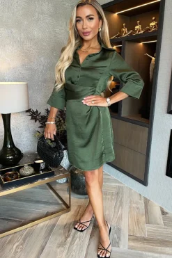 Olive 3/4 Sleeved Gathered Waist Detail Satin Mini Dress