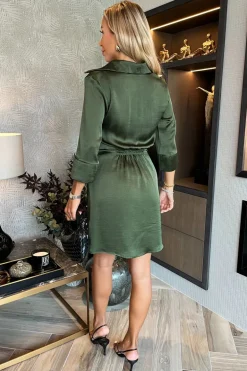 Olive 3/4 Sleeved Gathered Waist Detail Satin Mini Dress