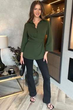 Olive 3/4 Sleeves Collared Gathered Waist Top