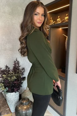 Olive 3/4 Sleeves Collared Gathered Waist Top