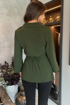 Olive 3/4 Sleeves Collared Gathered Waist Top