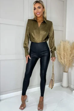 Olive And Gold Wrap Shirt Bodysuit