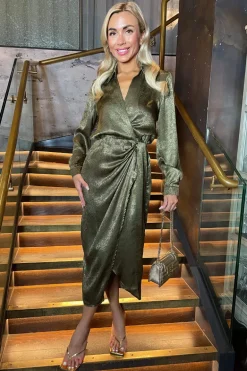 Olive And Gold Wrap Shirt Midi Dress