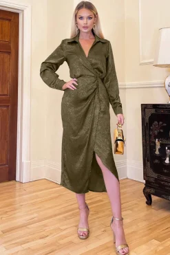 Olive And Gold Wrap Shirt Midi Dress