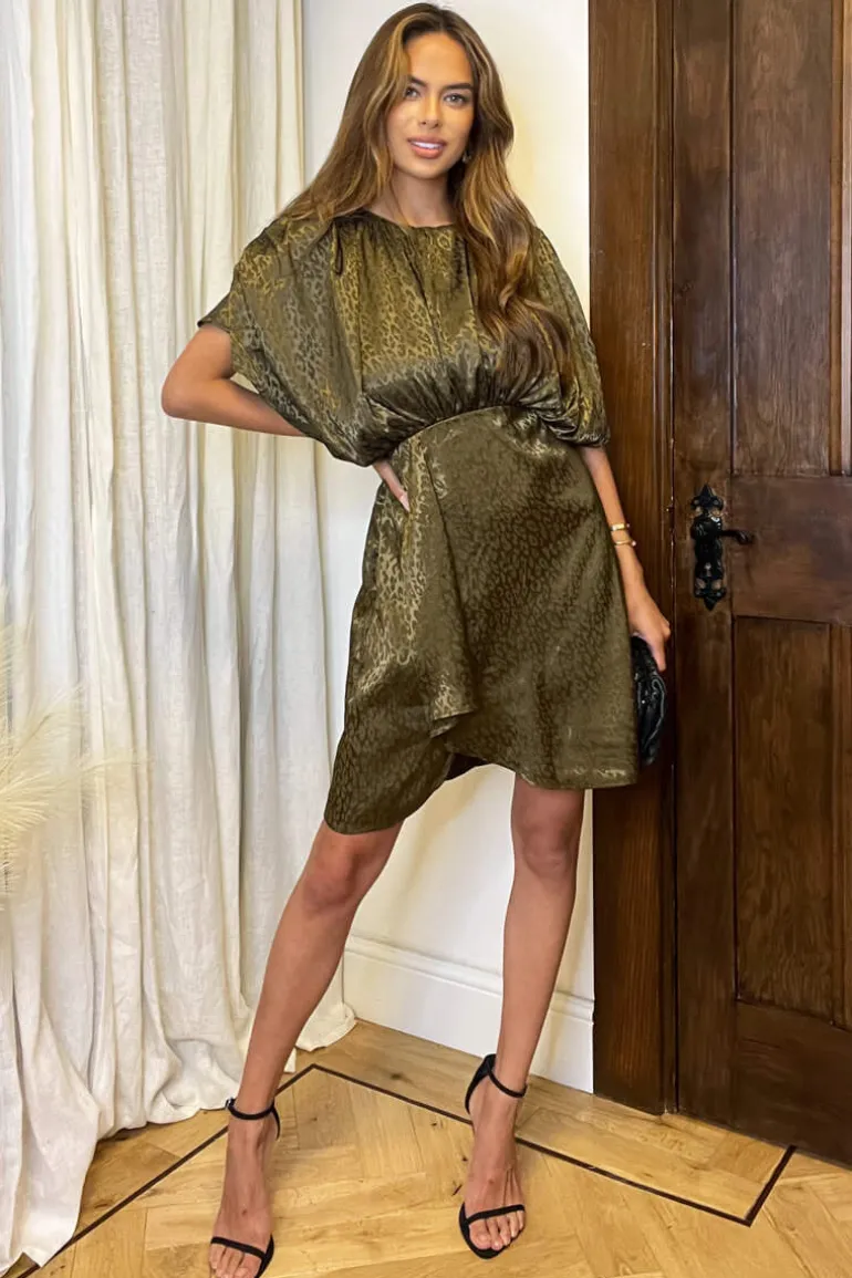 Olive Animal Print Batwing Gathered Top Mini Dress