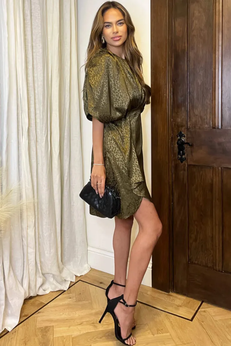 Olive Animal Print Batwing Gathered Top Mini Dress