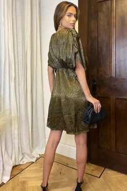 Olive Animal Print Batwing Gathered Top Mini Dress