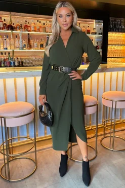 Olive Belted Wrap Midi Shirt Dress