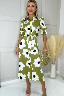 Olive Bold Floral Print Midi Shirt Dress