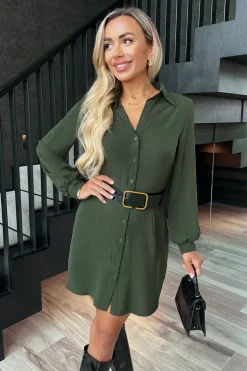 Olive Button Front Belted Shirt Mini Dress