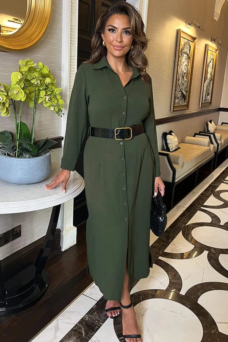 Olive Button Front Belted Shirt Midi Dress